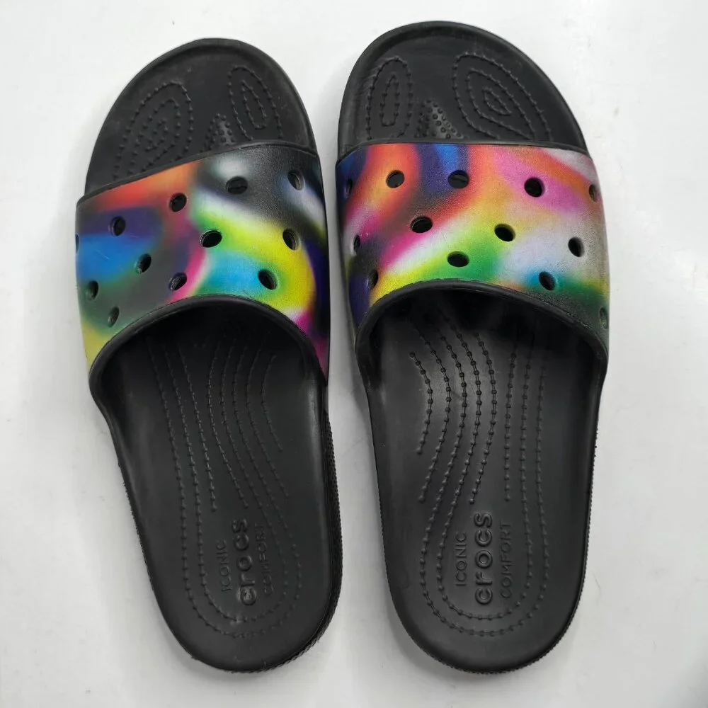 CROCS Classic‎ Slide Sandals Mens 10 / Womens 12 Tie Dye Multicolor Black Iconic